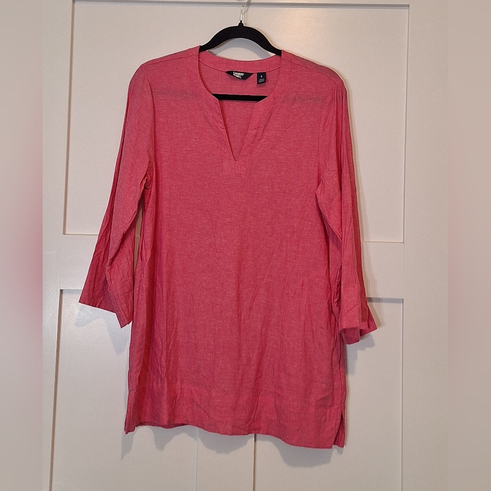 Lands' End Linen Viscose Tunic Split V Neck 3/4 Sleeve Pink Semi Sheer Small